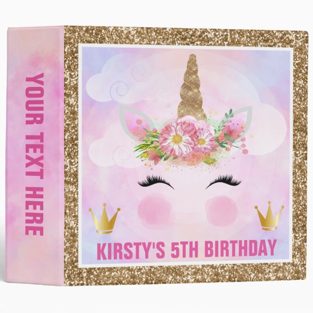 Cute Unicorn Face & Glitter Birthday Photo Album Binder (Front/Spine)