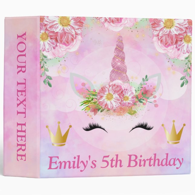 Cute Unicorn Face & Pink Flowers Birthday  Binder (Front/Spine)