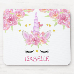 Cute Unicorn Face Pink Flowers Gold Hearts  Mouse  Pad