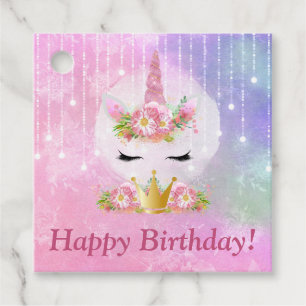 Cute Unicorn Face Pink Flowers Happy Birthday Favour Tags
