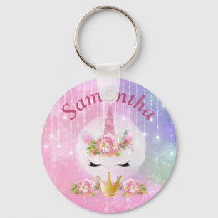 Cute Unicorn Face Pink Flowers Keychain