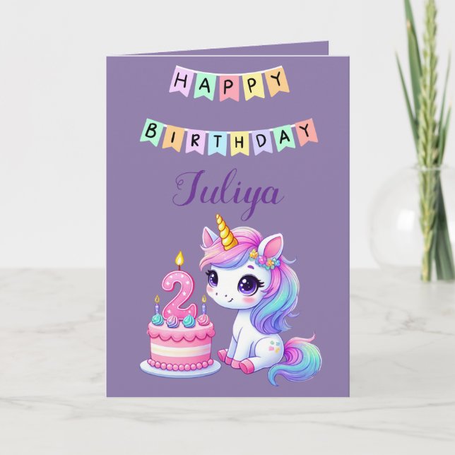 Cute unicorn family photo purple 2nd birthday card (Front)