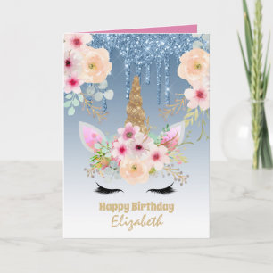 Cute Unicorn Fantasy Pretty Girly Blue Gold Named Card