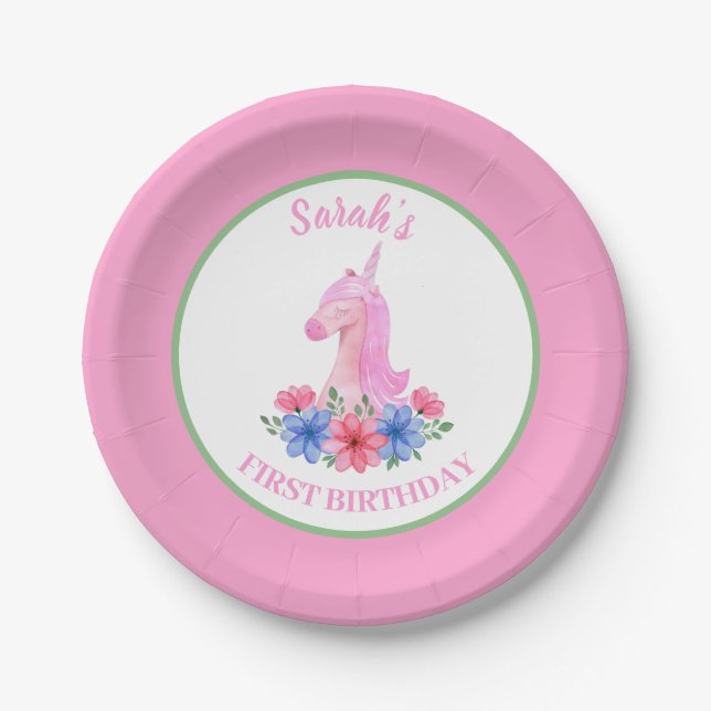 Cute Unicorn First Birthday Personalized Paper  Plate (Front)