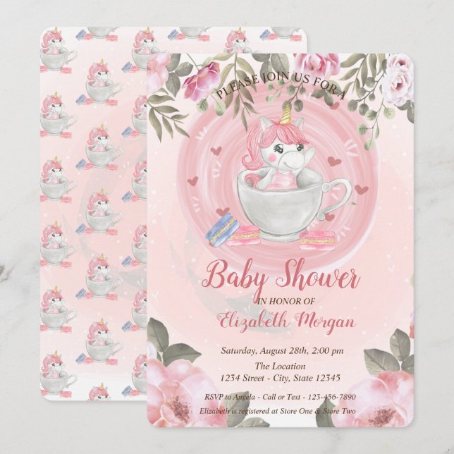 Cute Unicorn,Floral Baby Shower Invitation (Front/Back)