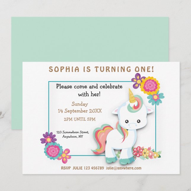 Cute Unicorn Floral Girl First Birthday Invitation (Front/Back)
