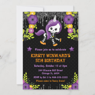 Cute Unicorn Floral Halloween Birthday Invitation