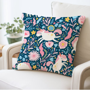 Cute Unicorn Floral Pillow, Whimsical Animal Throw Pillow
