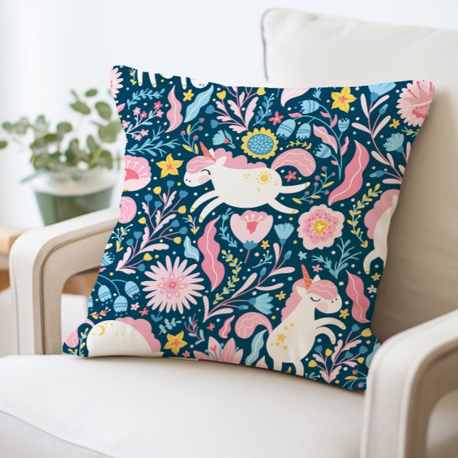 Cute Unicorn Floral Pillow, Whimsical Animal  Throw Pillow (Creator Uploaded)