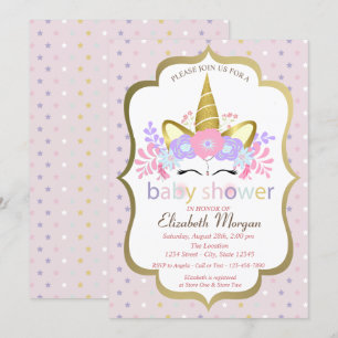 Cute Unicorn,Floral,Stars Baby Shower Invitation