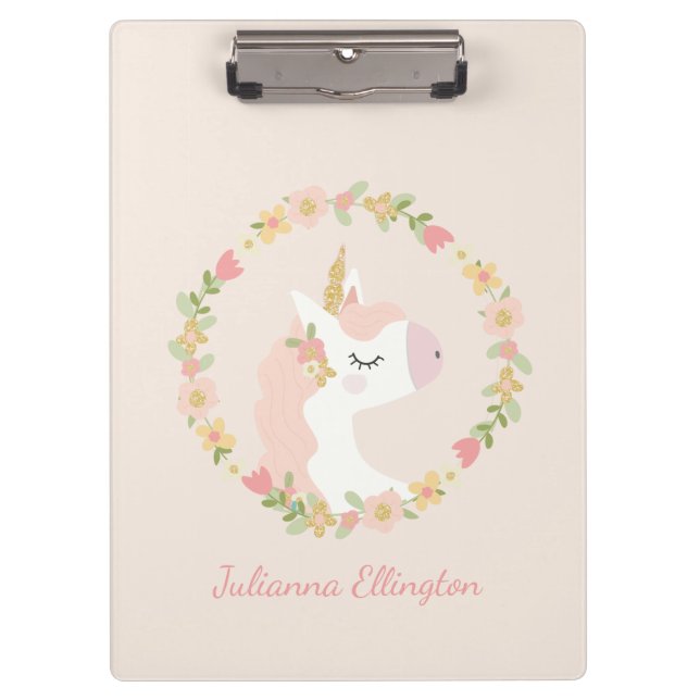Cute Unicorn Floral Wreath Blush Pink Custom Name Clipboard (Front)
