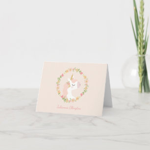 Cute Unicorn Floral Wreath Blush Pink Custom Name Note Card