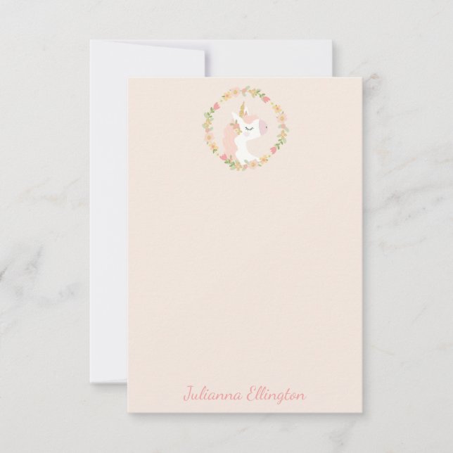 Cute Unicorn Floral Wreath Blush Pink Custom Name Thank You Card (Front)