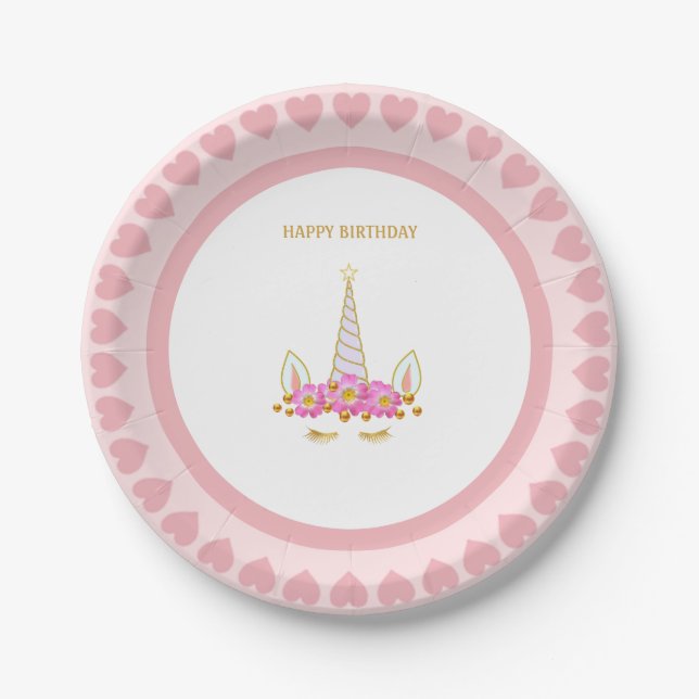 Cute Unicorn, Flowers and Gold Confetti Birthday P Paper Plate (Front)