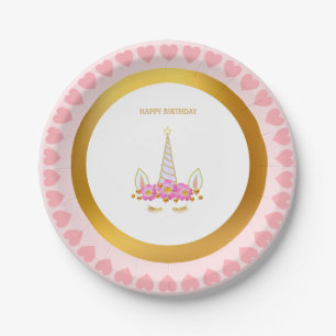 Cute Unicorn, Flowers and Gold Confetti Birthday P Paper Plate