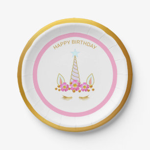Cute Unicorn, Flowers and Gold Confetti Paper Plate