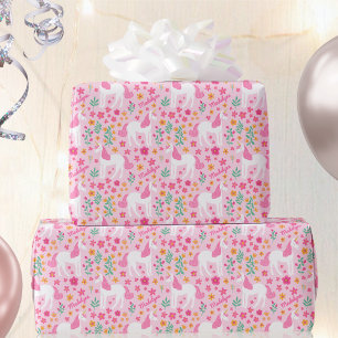 Cute Unicorn Flowers Birthday Pink Name Wrapping Paper