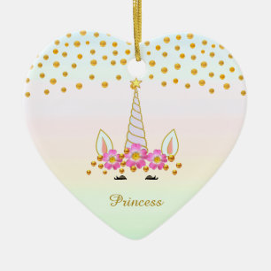 Cute Unicorn, Flowers & Gold Confetti Ceramic Ornament