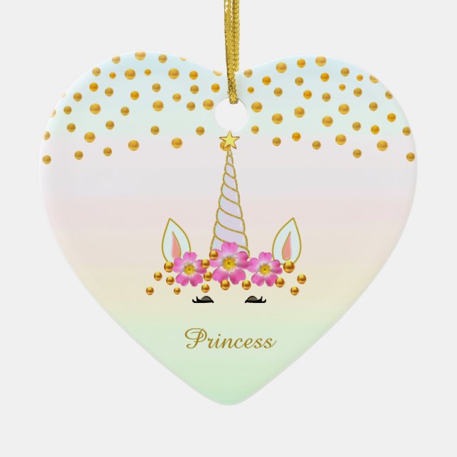 Cute Unicorn, Flowers & Gold Confetti Ceramic Ornament (Front)