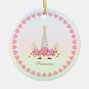 Cute Unicorn, Flowers, Hearts & Gold Confetti Ceramic Ornament