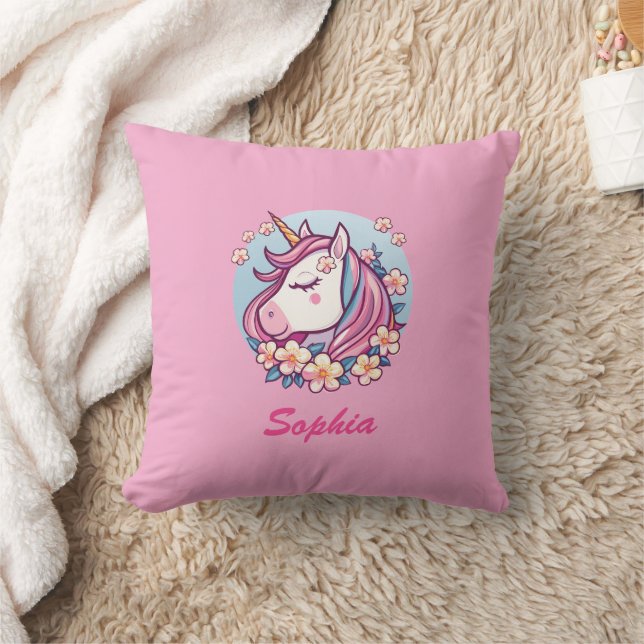 Cute Unicorn & Flowers, Personalize Name Throw Pillow (Blanket)