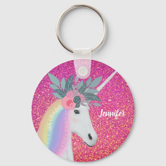 Cute Unicorn Flowers Pink Glitter Sparkle Custom Keychain (Front)