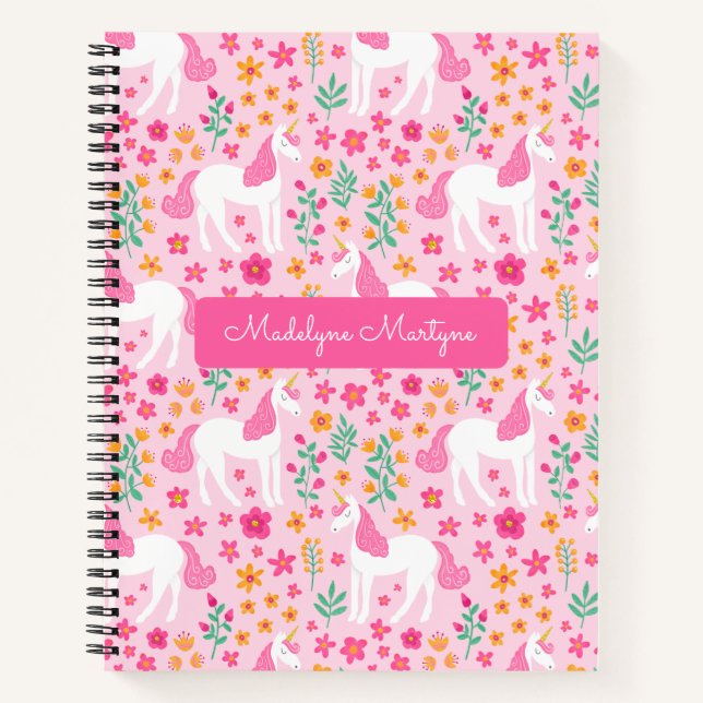 Cute Unicorn Flowers Pink Personalized Name Notebook (Front)