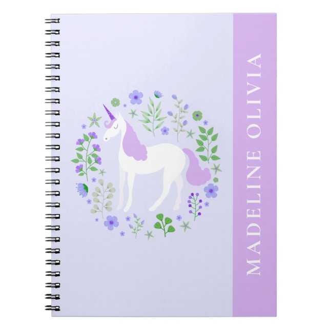 Cute Unicorn Flowers Purple Personalized Name Notebook (Front)