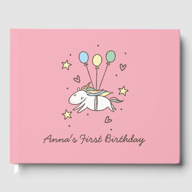 Cute Unicorn Flying on Balloons Birthday Guest Book (Front)