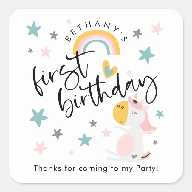 Cute Unicorn  Girl 1st Birthday Thank You Square Sticker (Front)