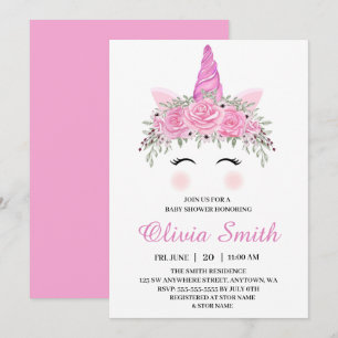 Cute Unicorn Girl Baby Shower With Pink Name Invitation