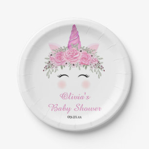 Cute Unicorn Girl Baby Shower With Pink Name Paper Plate