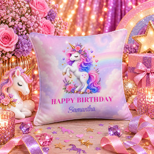 Cute Unicorn Girl Birthday Pink Purple Dream Pillo Throw Pillow