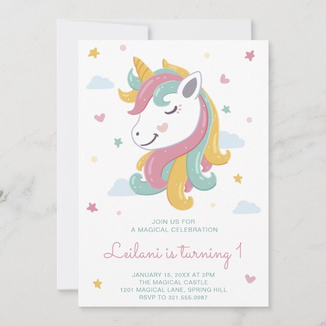 Cute Unicorn Girl First Birthday Invitation (Front)