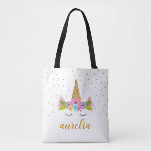 Cute Unicorn Girl Sac fourre-tout avec nom personn