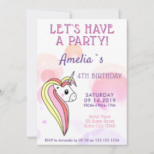 Cute Unicorn Girly Kids Birthday Invitation