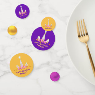 Cute Unicorn & Gold Confetti sur Purple & Saffron