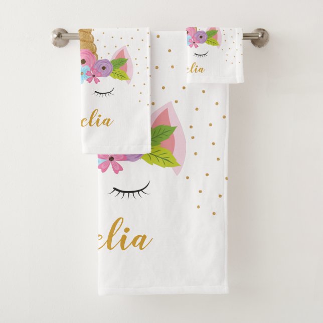 Cute Unicorn Gold Glitter Girly Custom Name Bath Towel Set (Insitu)