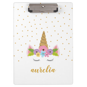 Cute Unicorn Gold Glitter Girly Custom Name Clipboard
