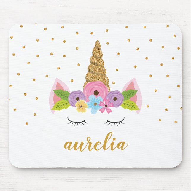 Cute Unicorn Gold Glitter Girly Custom Name Mouse Pad (Front)