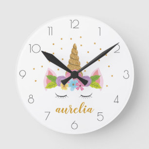 Cute Unicorn Gold Glitter Girly Custom Name Round  Clock