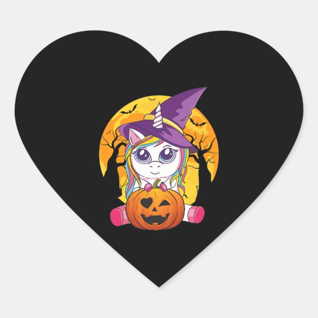Cute Unicorn Halloween Witch Women Toddler Heart Sticker (Front)
