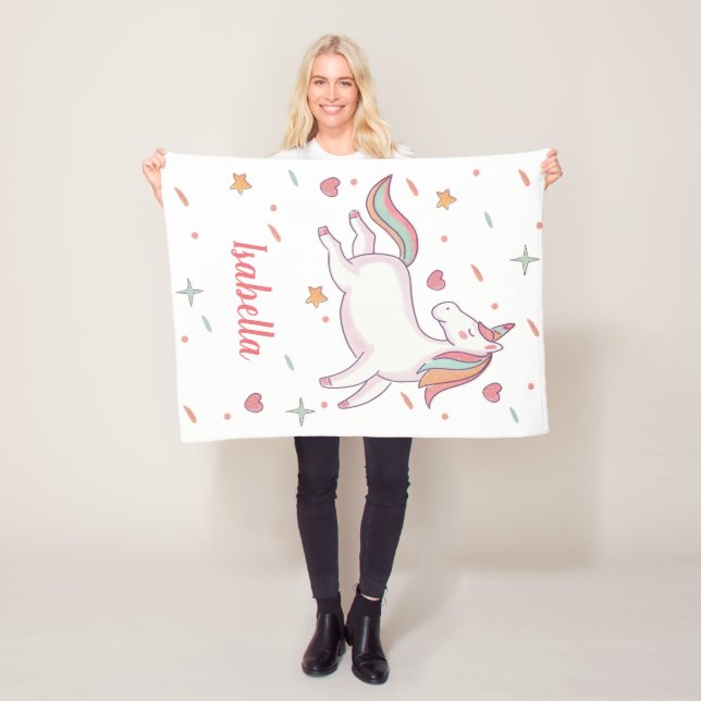 Cute Unicorn Hearts and Stars Personalized Fleece Blanket (In Situ)