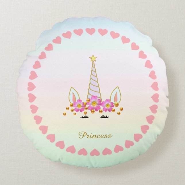 Cute Unicorn, Hearts, Flowers & Gold Confetti Round Pillow (Front)