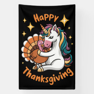 Cute Unicorn Hugs Turkey Happy Thanksgiving Girls Banner