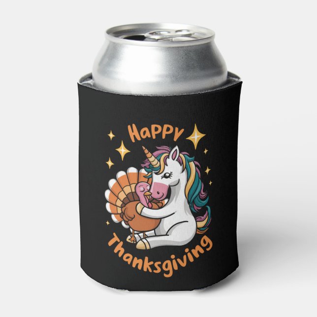Cute Unicorn Hugs Turkey Happy Thanksgiving Girls  Can Cooler (Can Front)