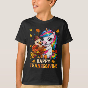 Cute Unicorn Hugs Turkey Happy Thanksgiving Girls T-Shirt