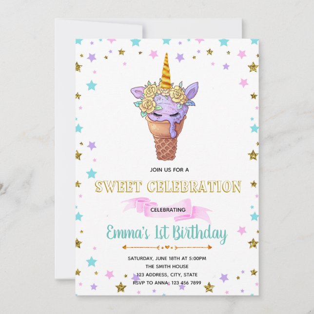 Cute unicorn ice cream party birthday invitation (Front)