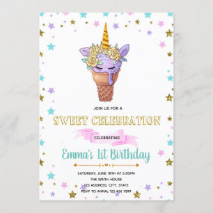 Cute unicorn ice cream party birthday invitation