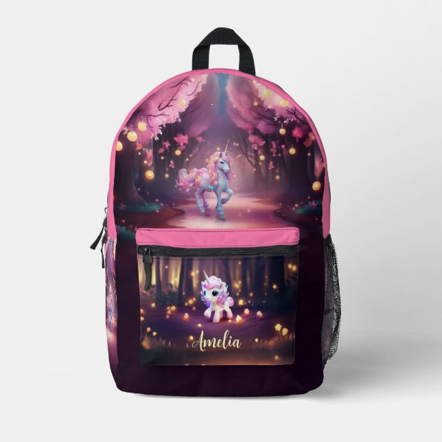 Cute Unicorn in a Pink Magical Forest Backpack (Front)